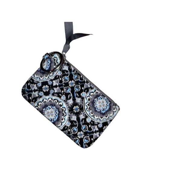 VERA BRADLEY Zip ID Case Wallet Charcoal blue Medallion RARE keychain - Picture 2 of 5
